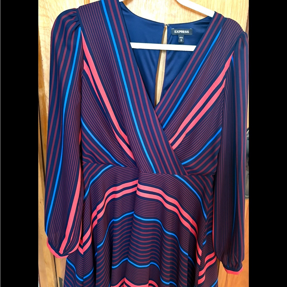 Express Navy and Red Striped Long Sleeve Dress *fit and flare*